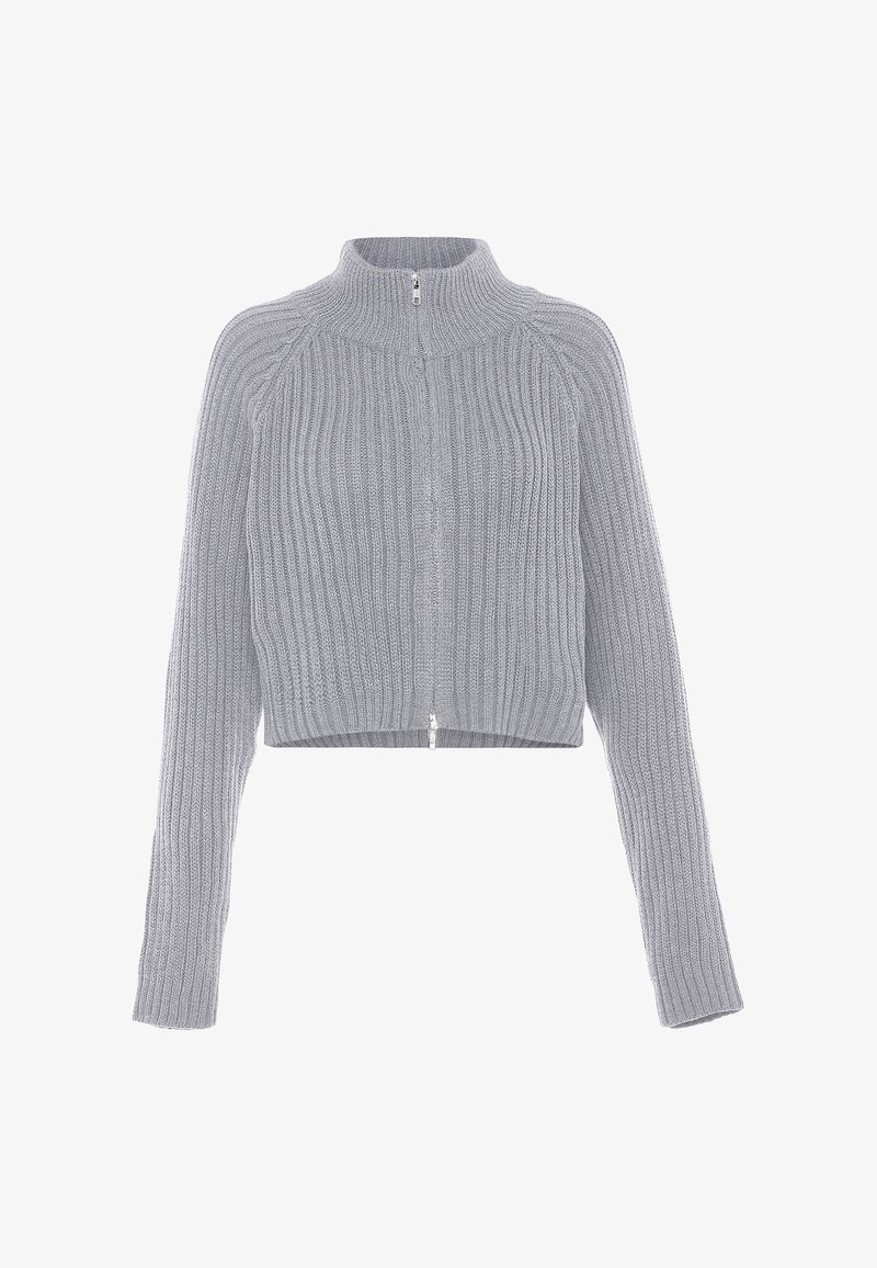 Šviesiai pilkas grublėtas mezgimo trumpas megztinis su ilgomis rankovėmis ir priekyje esančia zip užtrauktuku, kuris siekia aukštą apykaklę.