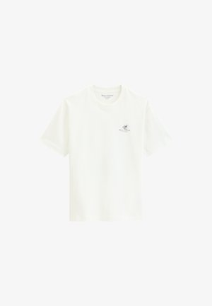 T-shirt blanc à manches courtes et col rond avec petit logo Marc O'Polo noir et motif graphique sur la poitrine gauche.