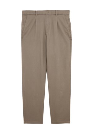 Brune chinos med lige ben-design, der har for-pleats, sidelommer og knaplukning, lavet af glat og holdbart stof.