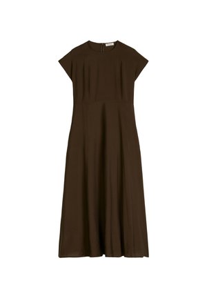 Robe midi marron foncé à manches courtes avec un col rond et une couture subtile à la taille, présentée sur un fond blanc.