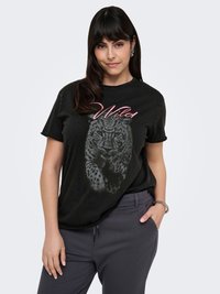 Black t-shirt featuring a gray leopard graphic and pink "Wild" text; crafted from soft cotton with a relaxed fit. Paired with gray pants.