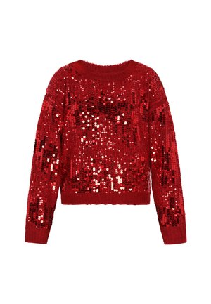 Czerwony sweter z cekinami, z okrągłym dekoltem, długimi rękawami i ściągaczem na dole. Powierzchnia jest pokryta błyszczącymi, odblaskowymi cekinami.