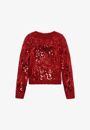 Suéter rojo con lentejuelas que presenta un escote redondo, mangas largas y un dobladillo acanalado. La superficie está cubierta de lentejuelas brillantes y reflectantes.