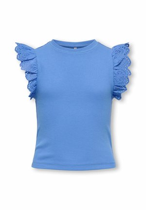 Blue sleeveless ribbed top with eyelet ruffle details on shoulders and round neckline.