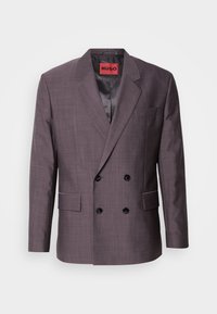 Doppelreihiges Herrenblazer aus einem strukturierten, dunklen Mauve-Stoff mit schwarzen Knöpfen und einem Innenfutter aus Satin. Mit eingeschnittenen Revers und Fronttaschen.