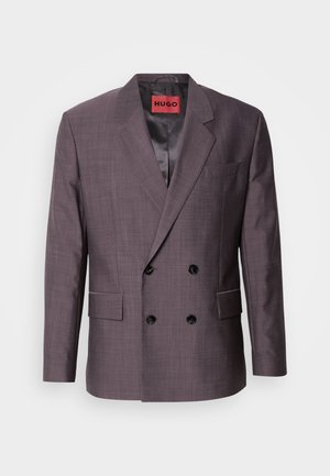 Double-breasted men's blazer in a textured dark mauve fabric, featuring black buttons and a satin interior lining. Notched lapels and front pockets.