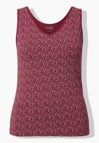 Débardeur bordeaux avec un col en V, présentant un motif à pois blancs. Fabriqué en tissu doux avec une silhouette ajustée et sans manches.