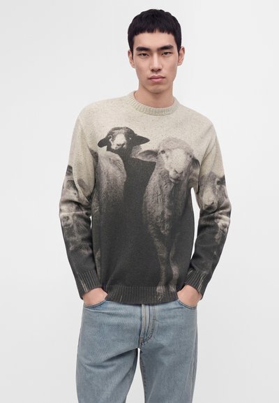 Homme portant un pull beige et gris foncé avec une grande impression réaliste de trois moutons sur le devant et un jean bleu clair.