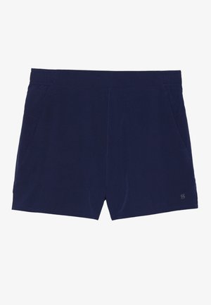 Navy blue swim shorts made of lightweight fabric, featuring an elastic waistband and two side pockets for storage.
