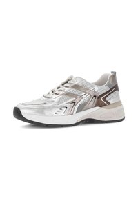 White and silver athletic sneaker with metallic accents, mesh panels, cushioned sole, and lace-up closure viewed from the side on a white background.