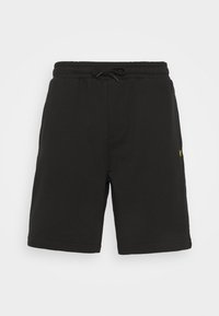 Shorts noirs en coton avec une taille élastique et un cordon de serrage réglable, dotés de poches latérales et d'un petit logo jaune sur le côté.