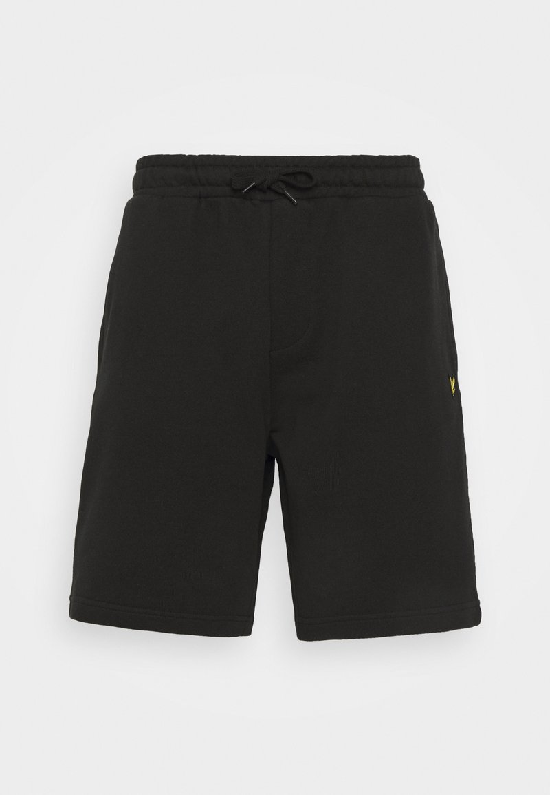 Shorts noirs en coton avec une taille élastique et un cordon de serrage réglable, dotés de poches latérales et d'un petit logo jaune sur le côté.