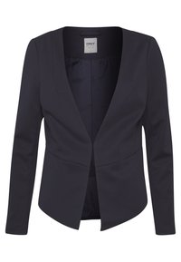 Marineblauwe fitted blazer met lange mouwen, gesneden revers en een gladde textuur. Voorzien van een enkele haaksluiting en een getailleerde snit.