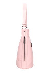 Borsa a spalla in pelle rosa con finitura testurizzata, dotata di chiusura con zip, base circolare e una breve tracolla regolabile.