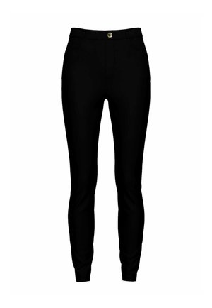 Pantaloni neri aderenti con tasche frontali e vita con bottone, stretti alle caviglie, su sfondo bianco.