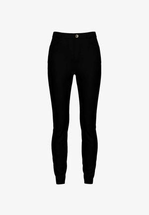 Pantaloni neri aderenti con tasche frontali e vita con bottone, stretti alle caviglie, su sfondo bianco.