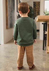 Hanorac verde cu mâneci lungi, pantaloni în carouri bej și pantofi roșii. Copilul stă cu spatele într-un fundal interior deschis.