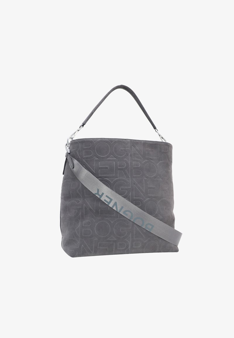 Gray suede handbag with a structured shape, featuring embossed logo design and a detachable gray strap displaying the brand name in blue.