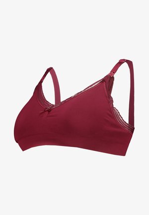 Burgunderfarbener bügelloser BH aus weichem Stoff, mit verstellbaren Trägern, Spitzenbesatz und einer dreieckigen Cupsform mit dezentem Glanz.