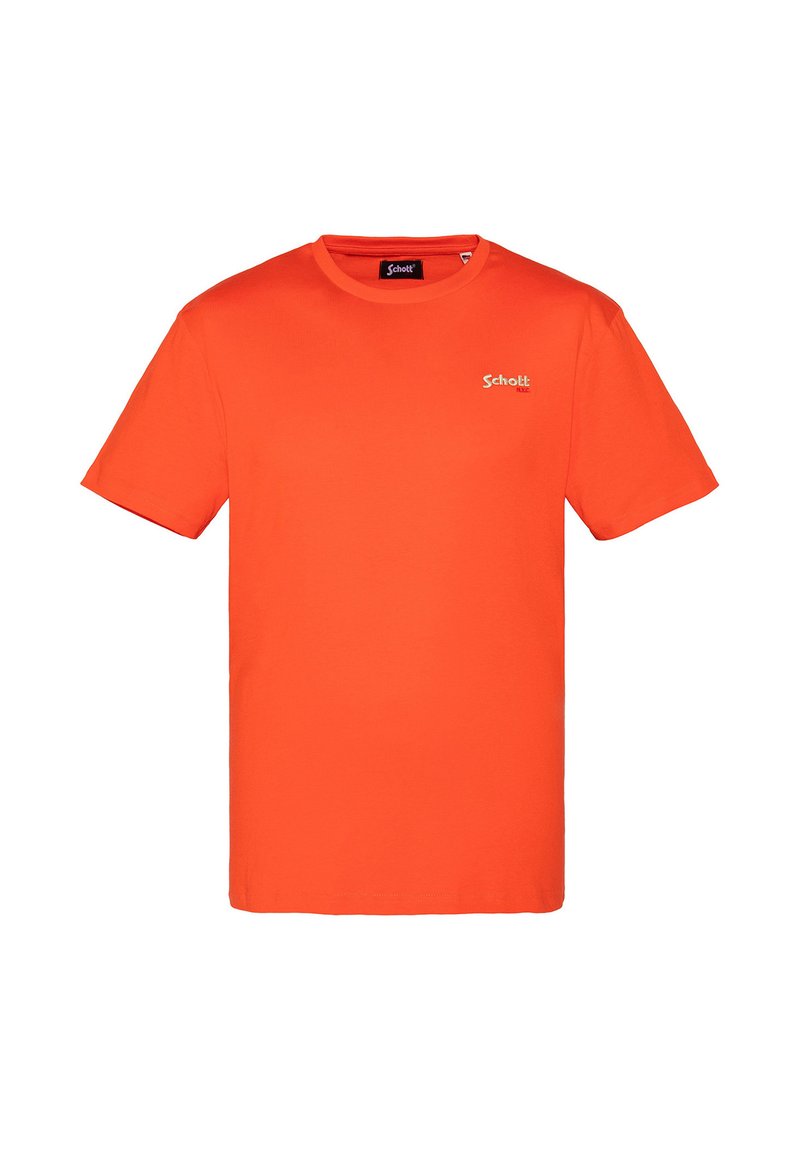Camiseta de algodón naranja con mangas cortas y cuello redondo. Presenta un pequeño logo blanco en el área del pecho izquierdo. Textura suave, diseño casual.