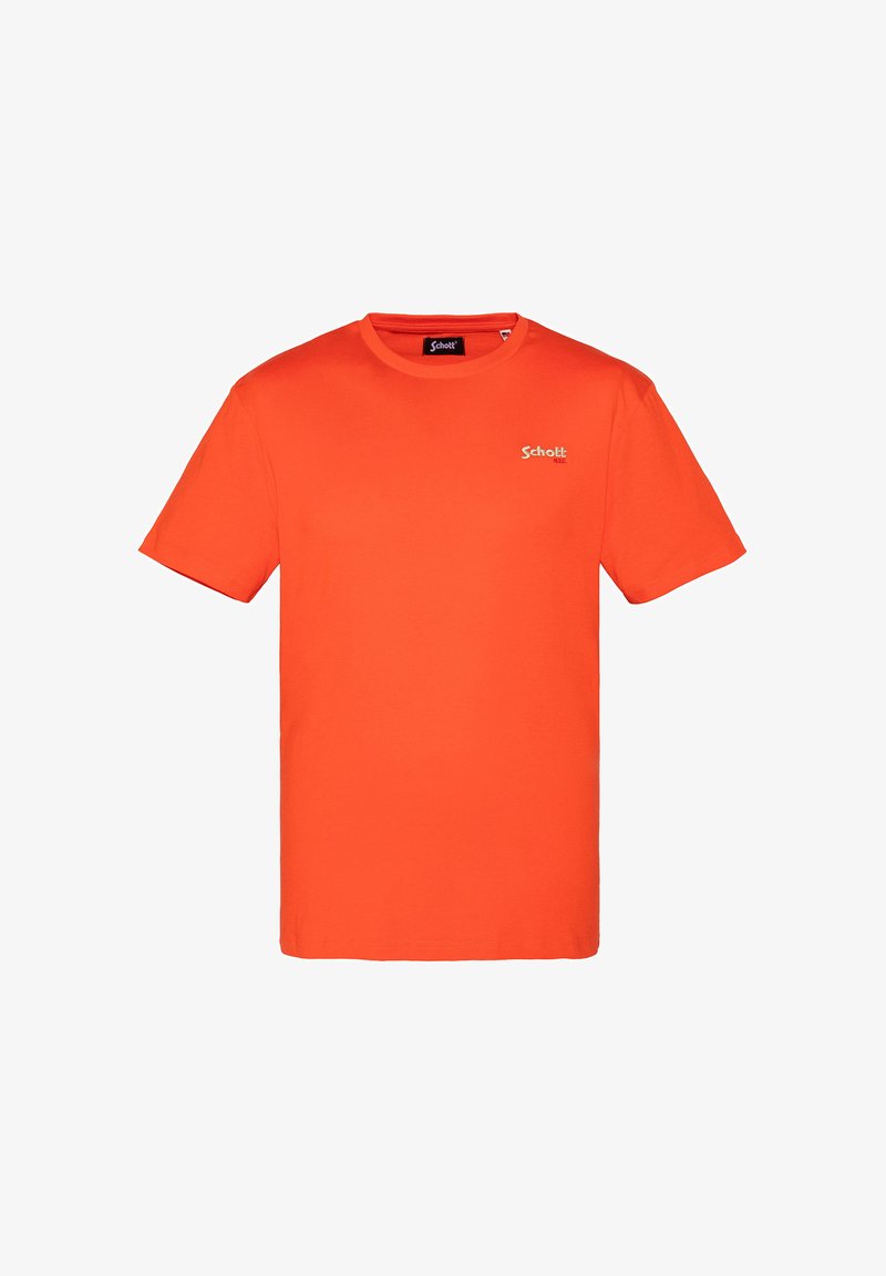 T-shirt arancione in cotone con maniche corte e colletto rotondo. Presenta un piccolo logo bianco sulla parte sinistra del petto. Tessuto morbido, design casual.