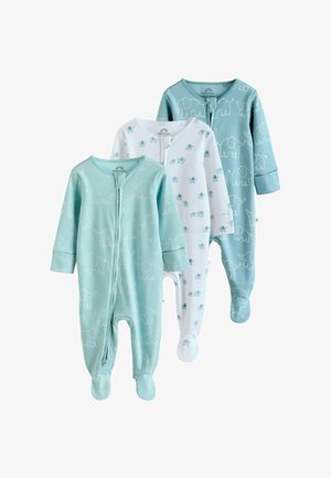 Trois pyjamas à pieds pour bébé à manches longues en bleu et blanc, chacun avec un motif d'éléphant et une fermeture éclair à l'avant.