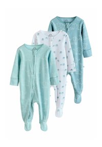 Three long-sleeve baby footed pajamas in blue and white, each featuring an elephant pattern and front zipper closure.