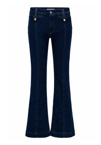 Vaqueros acampanados de mezclilla oscura con cintura alta, que presentan detalles de botones en tono dorado y costuras en contraste a lo largo de los lados.