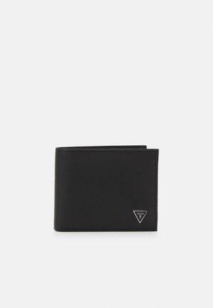 Black bi-fold wallet made of textured synthetic material. Features a silver triangular logo and visible stitching along the edges.