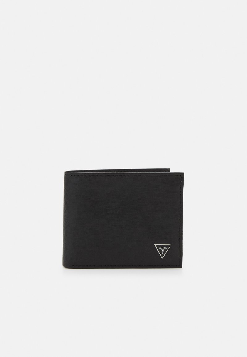 Portefeuille bi-fold noir en matériau synthétique texturé. Présente un logo triangulaire en argent et des coutures visibles le long des bords.