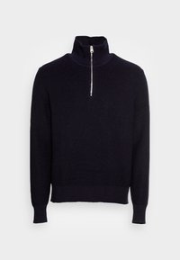 Pull en tricot bleu marine avec col montant et fermeture éclair à mi-hauteur. Comprend des poignets et un ourlet côtelés pour un ajustement confortable. Texture douce et design décontracté.