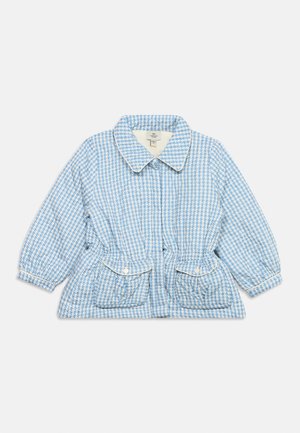 Geacă cu model în carouri albastru și alb, cu guler, mâneci lungi și două buzunare frontale cu clape și închideri cu nasturi.
