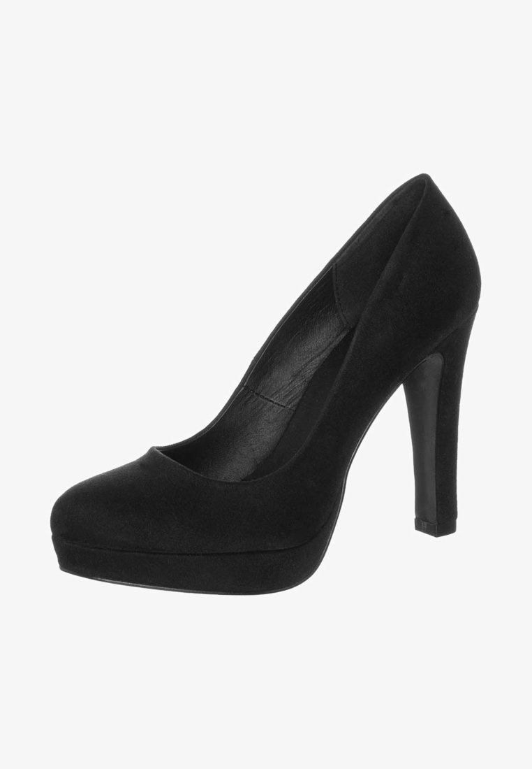Escarpin à talons hauts en daim noir avec bout arrondi et semelle compensée, vu de profil sur fond blanc.