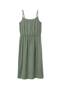 Sundress in olivgrün mit Spaghettiträgern, elastischem Bund und fließendem Stoff; leicht und mit einem dezenten Glanz, ohne Muster.