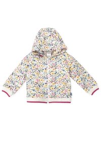 Chaqueta con capucha colorida que presenta un patrón floral sobre un fondo claro, con puños acanalados blancos y un borde rosa en el dobladillo.