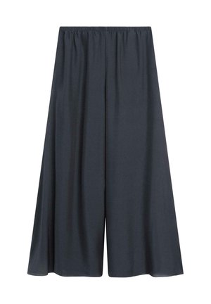 Pantalon bleu marine à jambes larges et coupe ample, avec une ceinture élastique, fabriqué en tissu léger.