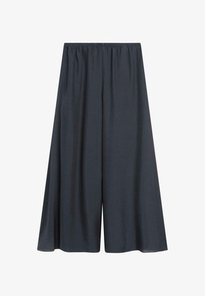 Pantalon bleu marine à jambes larges et coupe ample, avec une ceinture élastique, fabriqué en tissu léger.