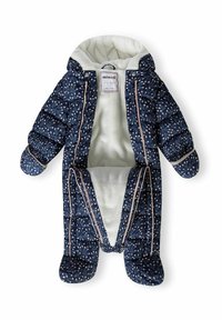 Combinaison de neige rembourrée en bleu marine avec un imprimé floral blanc, doublée de matière blanche douce. Dotée d'une capuche et de fermetures à pression.