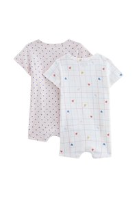 Deux grenouillères en coton pour bébé : l'une est rose clair avec des cœurs bleus, l'autre est blanche avec un motif à carreaux et des cœurs colorés. Manches courtes et jambes courtes.