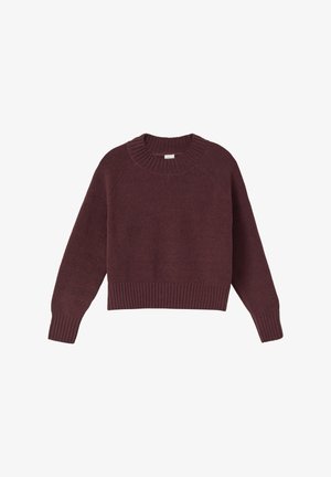 Burgundowy sweter dzianinowy z prążkowanym dekoltem i dolnym wykończeniem. Charakteryzuje się luźnym krojem i długimi rękawami z szwami raglanowymi, wykonany z miękkiej, teksturowanej tkaniny.