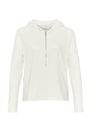 Biała długa bluza z kapturem, z przednim zamkiem na pół długości i prostym, dopasowanym krojem.