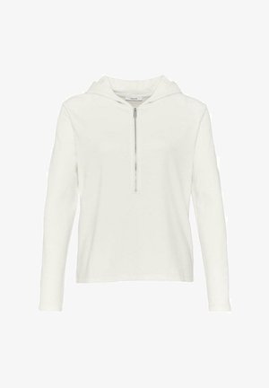 Sudadera blanca de manga larga con capucha, media cremallera frontal y diseño sencillo y ajustado.