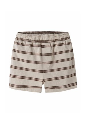 Μπεζ βαμβακερό σορτς με καφέ οριζόντιες ρίγες και ελαστική μέση, εμφανίζεται σε λευκό φόντο.