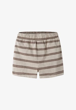 Beige bomulds shorts med brune vandrette striber og elastik i taljen, vist på hvid baggrund.