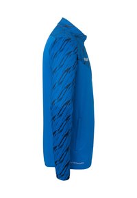 Blauwe sportjack met een textuurpatroon en zwarte hoeken op de schouders, lange mouwen en een ritszak aan de voorkant.