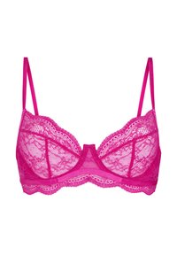 Rosa Spitzen-BH mit Bügel, verziert mit floralen Mustern und einem gezackten Rand. Verstellbare Träger und ein dreieckiges Körbchendesign.