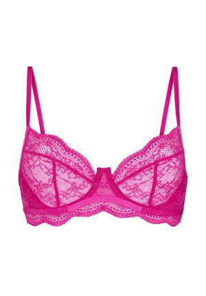 Reggiseno rosa in pizzo con ferretto, caratterizzato da motivi floreali e un bordo smerlato. Spalline regolabili e design a coppa triangolare.