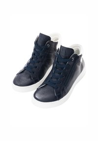 Navy leather high-top sneakers with white rubber soles, featuring lace-up front, zipper detail, and textured finish.