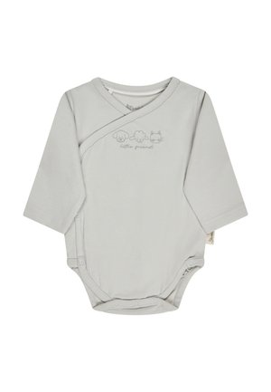 Light grey long-sleeve baby bodysuit with snap closures, wrap front, and small prints of dog, sheep, and cat with "Little friends" text.