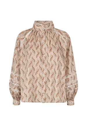 Langærmet bluse i lysebrunt stof med paisley-mønster, høj krave, sammenfoldet detaljer og blonder kanter på ærmerne.